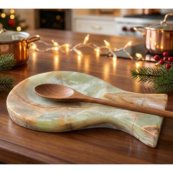 Green Onyx Spoon Rest, Natural Stone Utensil Holder, Farmhouse Kitchen Decor - Picture 1 of 12